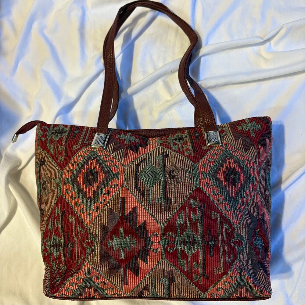 Handmade Woven Tapestry Tote Bag Southwestern Geometric‎ Red Burgundy with Pouch